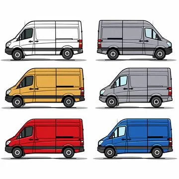 Six delivery vans side view, various colors including white, gray, yellow, red Stock Illustration