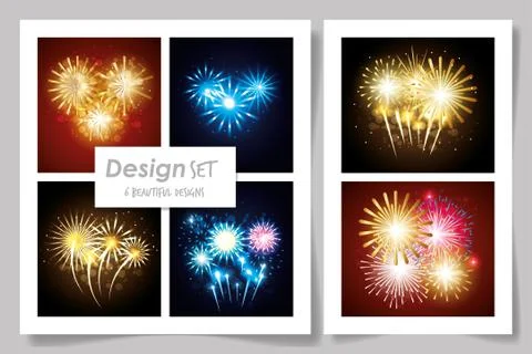 Six designs of celebration fireworks Stock Illustration