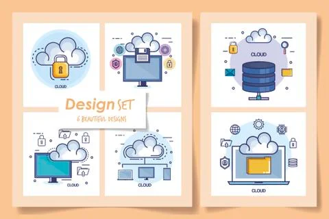 Six designs of data center and icons Stockillustratie