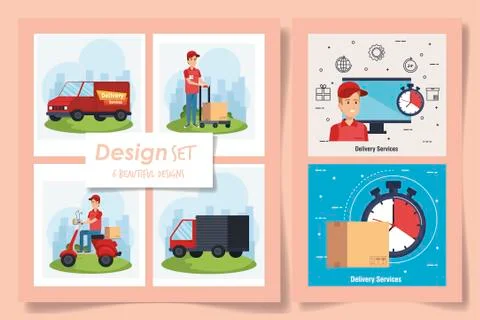 Six designs of delivery service with workers and icons Illustrazione stock