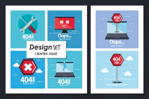Six designs of error page not found Illustrazione stock