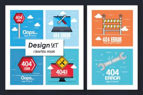 Six designs of error page not found Illustrazione stock