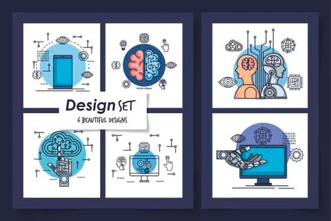 Six designs of intelligence artificial and set icons Stock Illustration