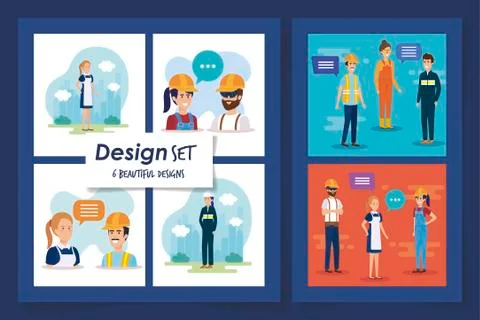 Six designs set of group workers Illustrazione stock