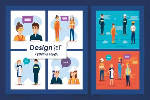 Six designs set of group workers Illustrazione stock