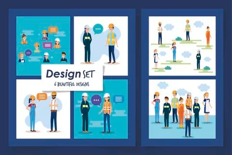 Six designs set of group workers Illustrazione stock