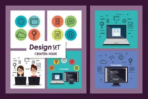 Six designs set of programming computer with young people イラスト素材