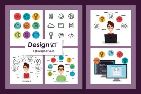 Six designs set of programming computer with young people イラスト素材