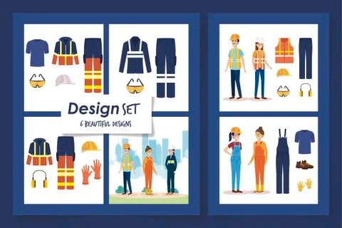 Six designs of workers with uniforms and personal protection elements イラスト素材
