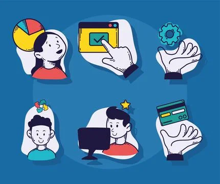 Six developers and icons 스톡 일러스트