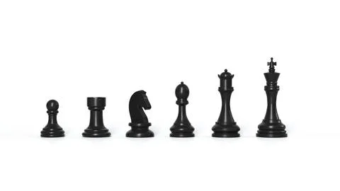 Six Different Black Chess Pieces Standing in a Queue on a White Background. Stockillustratie