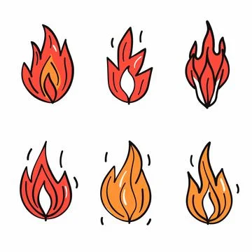 Six different cartoon flames orange red vibrant colors isolated white background 스톡 일러스트