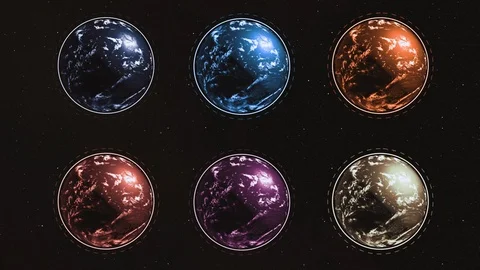 Six different colorful planets in rows spinning over starry dark space. Stock Footage 123884037