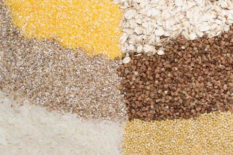 Six different grains Stock Photos