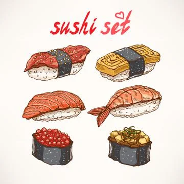 Six different kinds of sushi Illustrazione stock