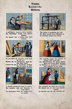 Six different trades: gold-beating, weaving, carpentry, umbrella-making, ph.. Stock Illustration