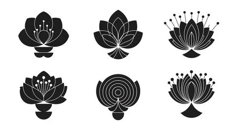 Six different types of stylized tree illustrations arranged in two rows Stockillustratie