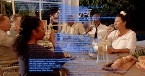 Six diners toasting, initiating blue code overlay signaling tech launch, Stock Footage 322203291