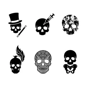Six distinct black skull illustrations on a white background, each with uniqu Stock Illustration