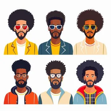 Six distinct illustrations Black men featuring diverse hairstyles, facial hair 스톡 일러스트