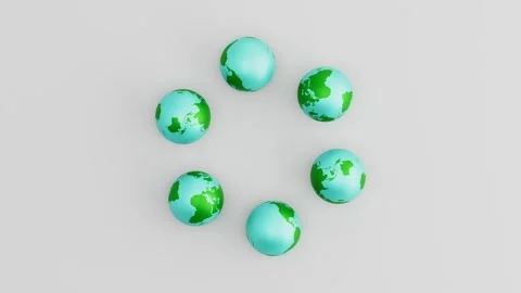 Six Earth Planets Rolling in Circular Loop on Gray Background. Seamless 3D Stock Footage 339594335