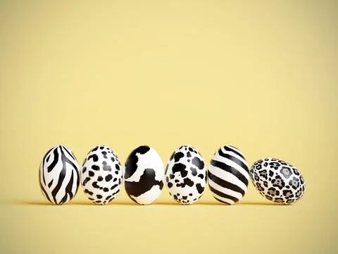 Six Easter eggs with animal skin pattern on yellow background Illustrazione stock