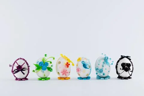 Six Easter eggs decorated with quilling Stock Photos