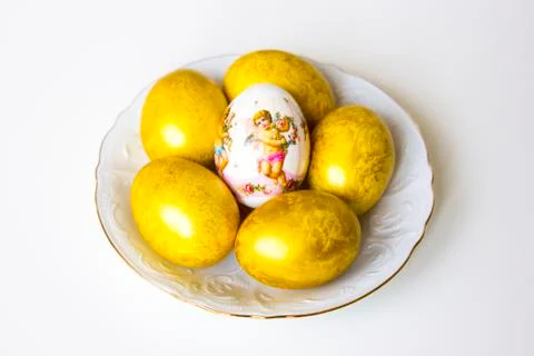Six easter eggs on the table Stock Photos