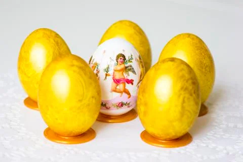 Six easter eggs on the table Stock Photos