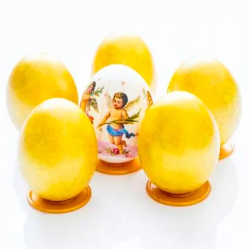 Six easter eggs on the table Stock Photos