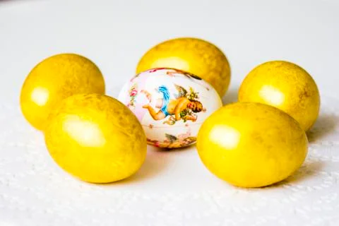 Six easter eggs on the table Stock Photos
