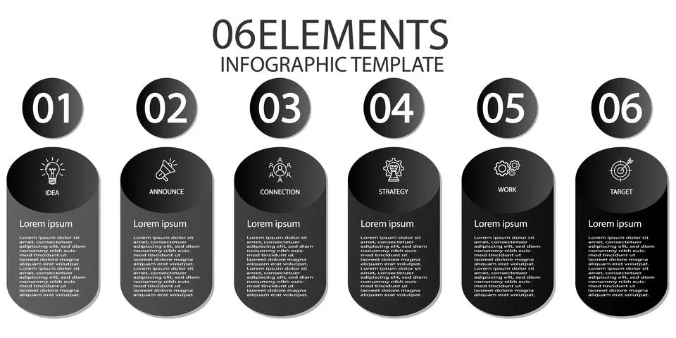 Six elements infographic template with circular icons for process steps. 스톡 일러스트