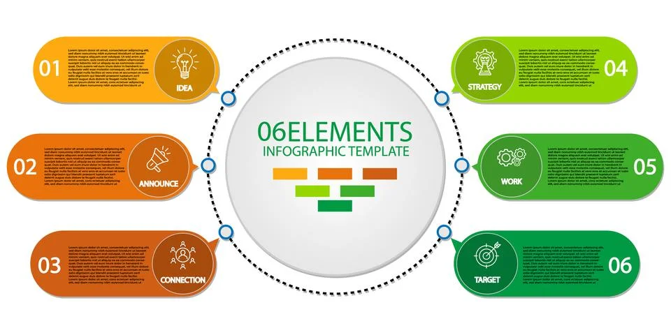 Six elements infographic template with steps and icons for business present.. Illustrazione stock