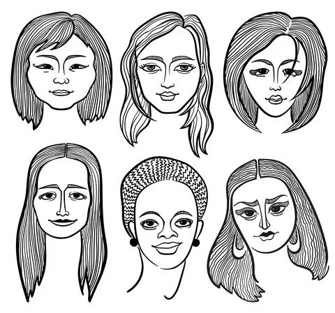 Six female faces of different appearances. Black and white linear portraits Stock Illustration
