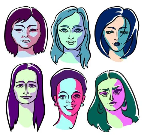 Six female faces of different types of appearance. Color portraits in the sty Stock Illustration