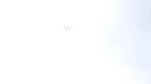 Six fighter jets in the blue sky. A general plan. Aerobatic figures. Airshow. 10 Stock Footage 124146040
