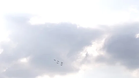 Six fighter jets in the blue sky. A general plan. Aerobatic figures. Airshow. 10 Stock Footage 124146062