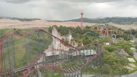 Six Flags Magic Mountain Coasters and Observation Tower, 4K Stock Footage 148895180