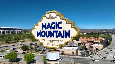 Six Flags Magic Mountain Sign Pull out angle Stock Footage 304827933