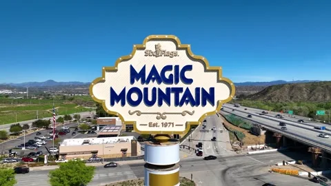 Six Flags Magic Mountain Sign Pull out straight Stock Footage 304828087