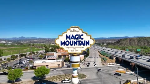 Six Flags Magic Mountain Sign Push in straight Stock Footage 304832333