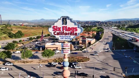 Six Flags Magic Mountain Sign Push in Pull Out Old New Stock Footage 304832428