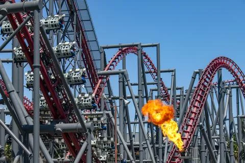 Six Flags Magic Mountain Six Flags Hurricane Harbor theme park X2 roller coaster Stock Photos