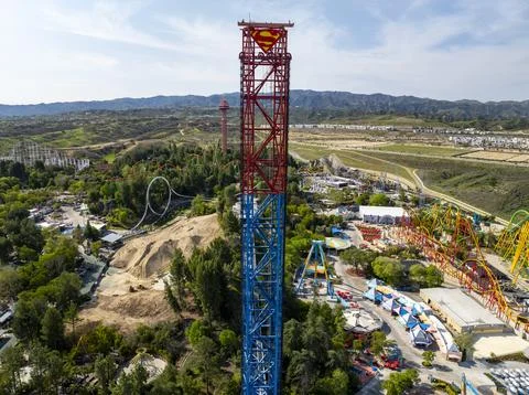 Six Flags Magic Mountain Six Flags Hurricane Harbor theme park, Superman ride Stock Photos