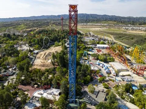 Six Flags Magic Mountain Six Flags Hurricane Harbor theme park, Superman ride Stock Photos