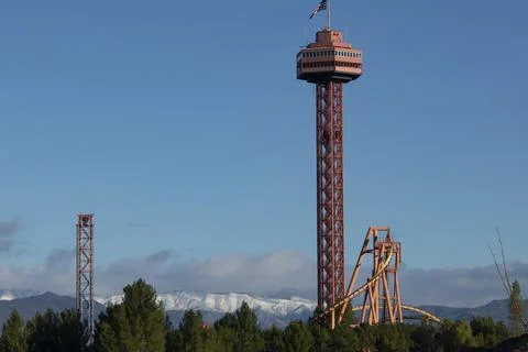 Six Flags Magic Mountain Snow on mountains background Stock Photos