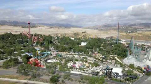Six Flags Magic Mountain theme park in Valencia, Santa Clarita, aerial view Stock Footage 131717586