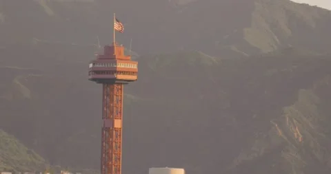 Six Flags Magic Mountain Tower with USA Flag blowing in Santa Clarita, Ca. Stock-Footage 201026058