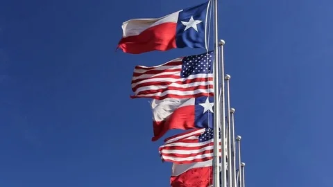 Six Flags over Texas: Row of American and Texas Flags Video stock 72449367
