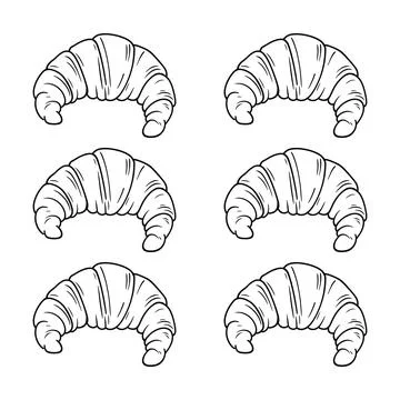 Six flaky croissants arranged in a grid, simple black and white line isolat.. 스톡 일러스트